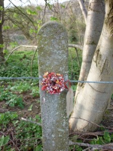 Reworked crisp packet attached to fence post